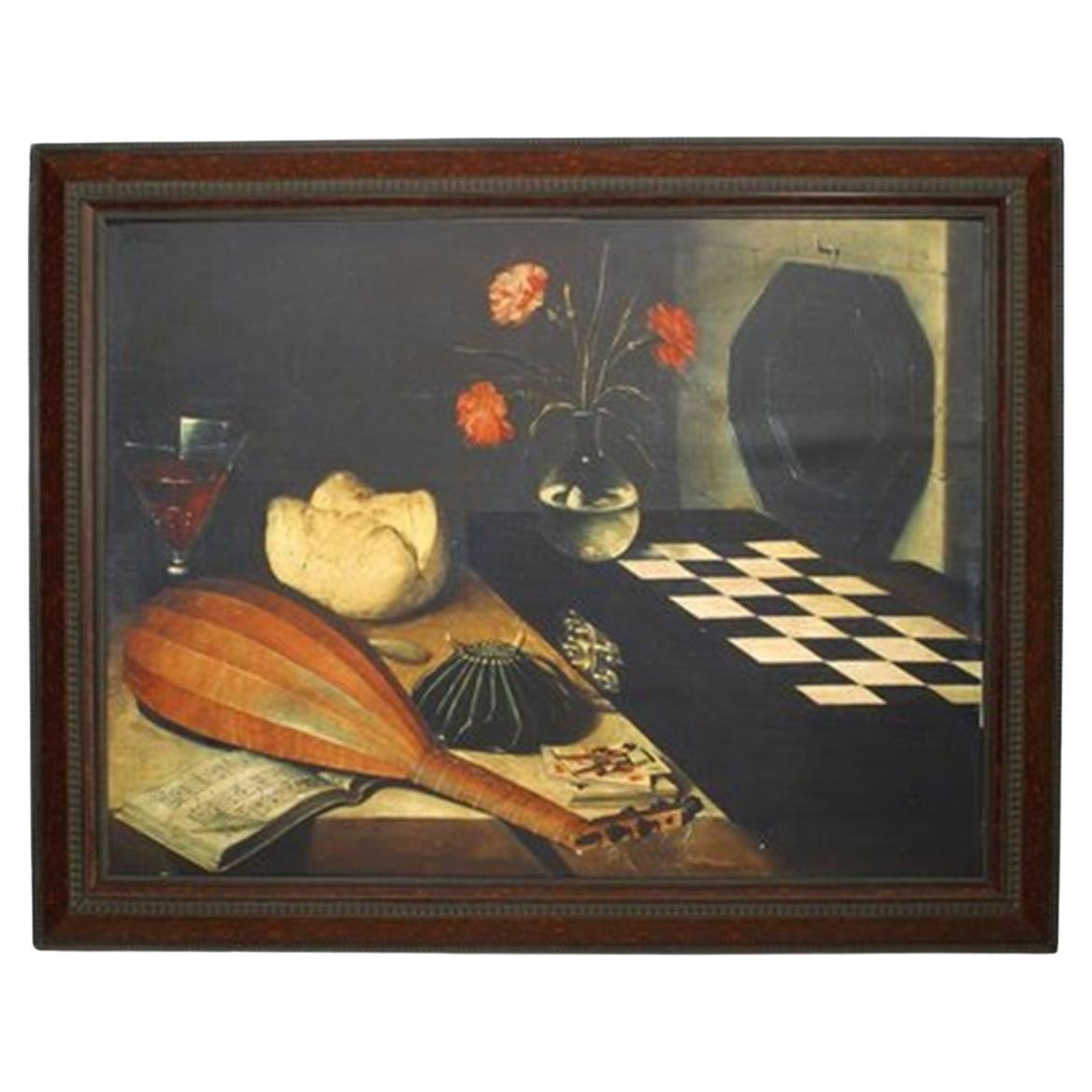 Still Life with Chessboard, Hand-Painted Canvas in Louis XV Style For Sale