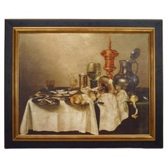 Dutch Flemish Still Life: Oysters, Bread, Wine, 19th Century