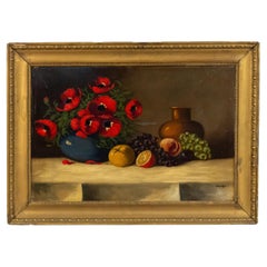 Französisches viktorianisches Stillleben mit roten Blumen, handgemaltes Ölgemälde, 20. Jahrhundert