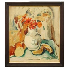 Still Life Poppy Painting, Cubist Style, 36.5x40.5 Inches, Antique