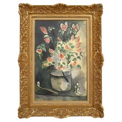 Branch of Lilacs Still Life Painting, Hand-Painted Glass, Victorian
