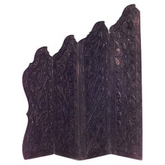 Burmese Hand-Carved Teak 4-Fold Screen, Floral Design, Circa 1850