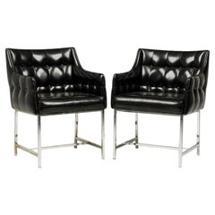 Set of 3 Carson Button Tufted Black Vinyl & Chrome Armchairs