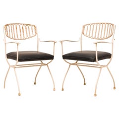 Set of 4 John Salterini Beige Metal & Black Vinyl Rope Design Dining Armchairs