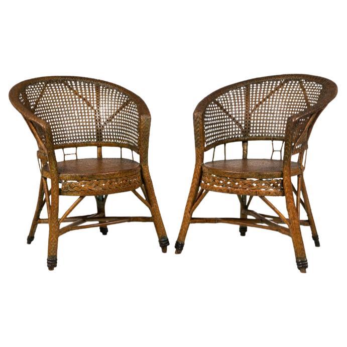 Pair of Mid-Century American Wicker & Cane Pull Up Armchairs