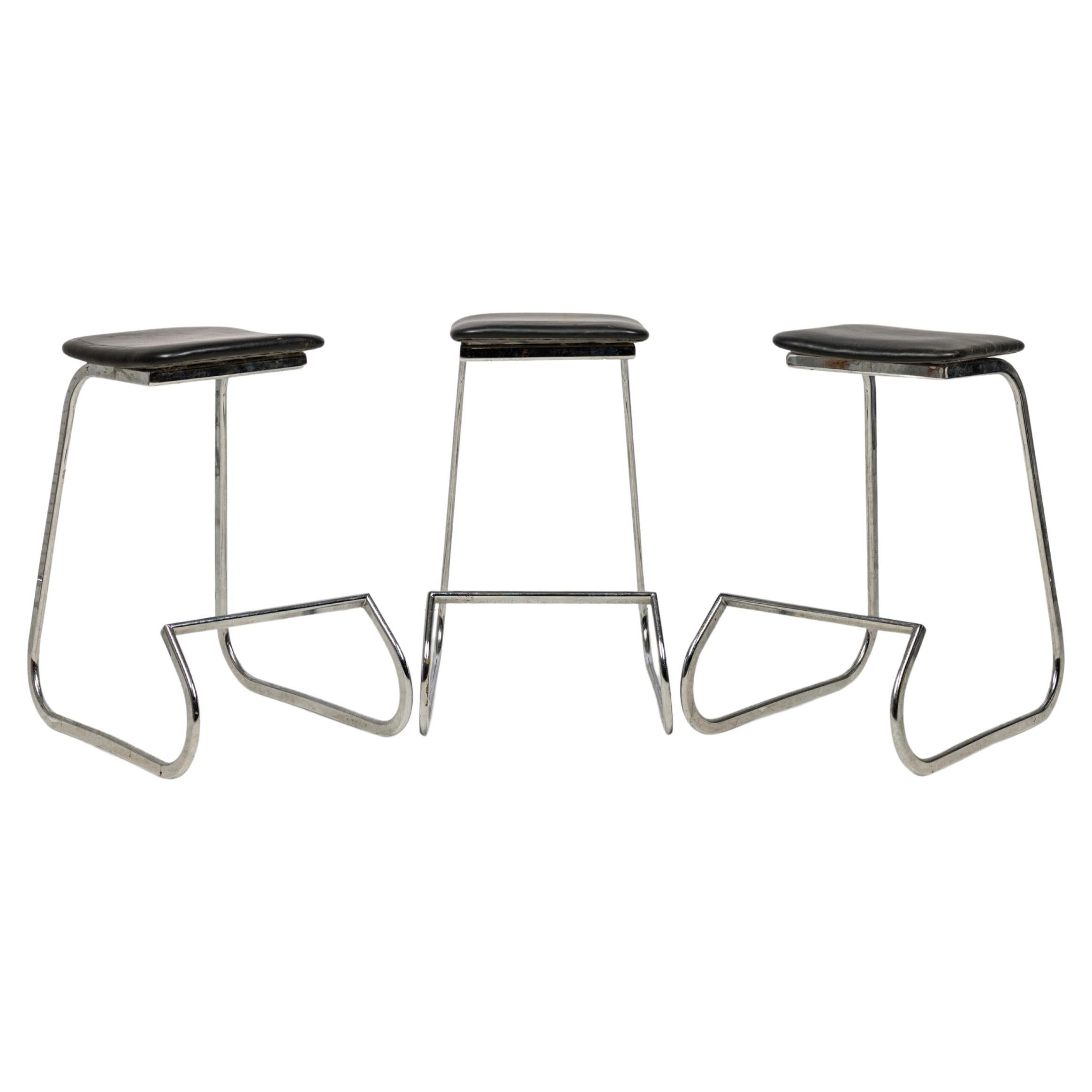 Set of 3 John Behringer for Stendig "Prometheus" Black Vinyl & Chrome Barstools