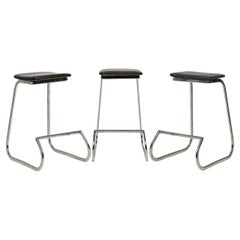 Set of 3 John Behringer for Stendig "Prometheus" Black Vinyl & Chrome Barstools
