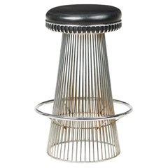 Vintage Arthur Umanoff for Shells Wire Pedestal & Black Leather Bar Stool