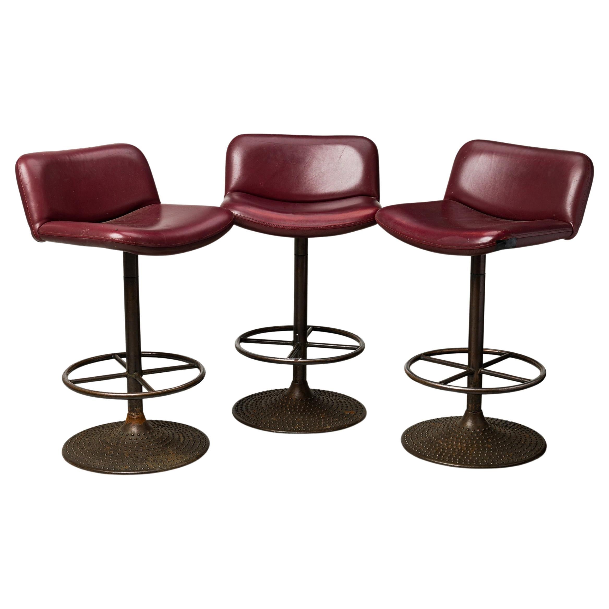 Set of 3 Ilmari Tapiovaara for Asko Red Vinyl Upholstered "Caribe" Bar Stools For Sale