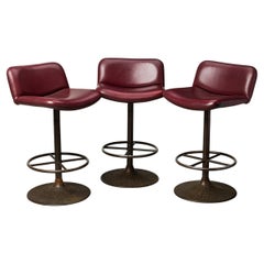 Set of 3 Ilmari Tapiovaara for Asko Red Vinyl Upholstered "Caribe" Bar Stools