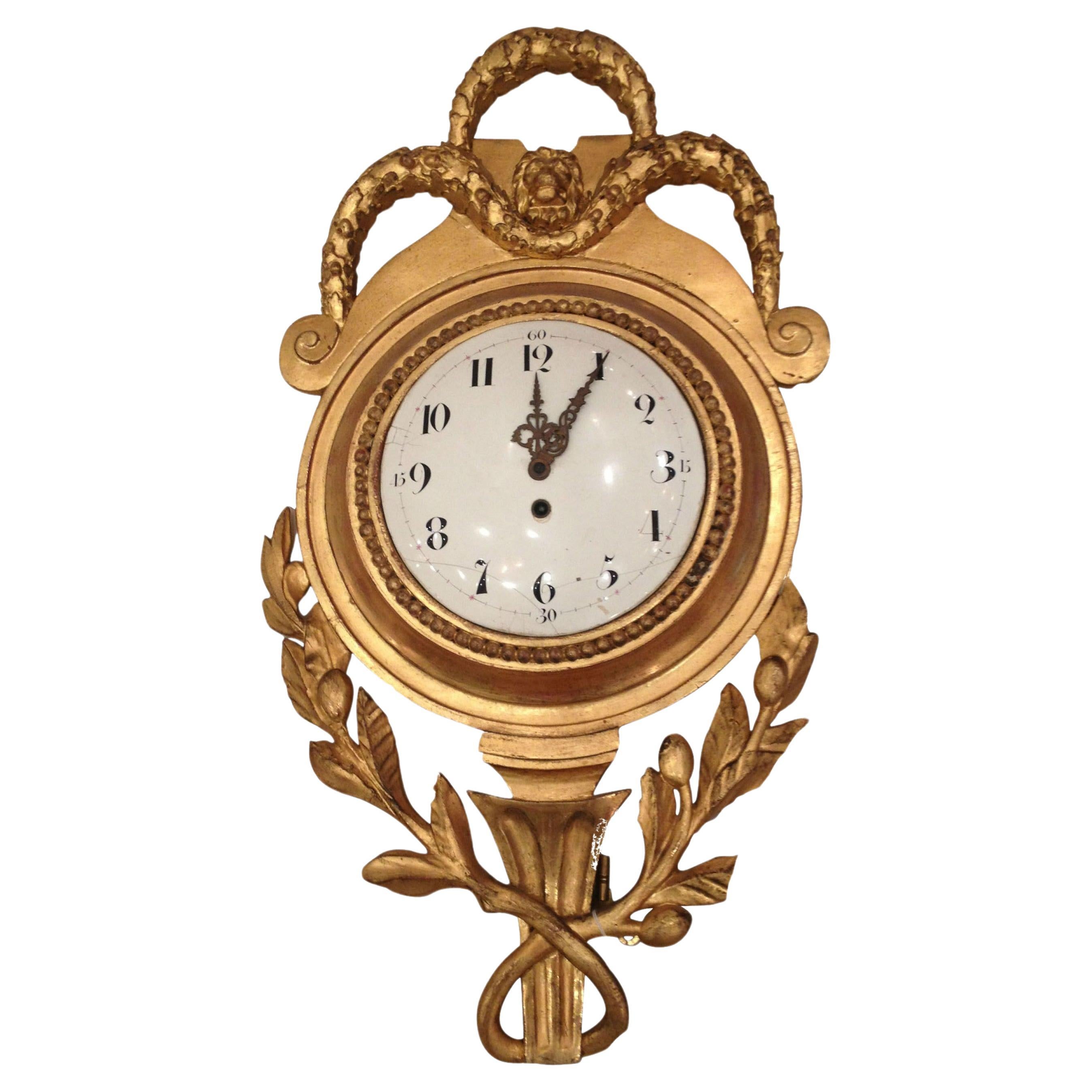 French Louis XVI-Style Giltwood Wall Clock, Hand-Carved, Circa 1850 For Sale
