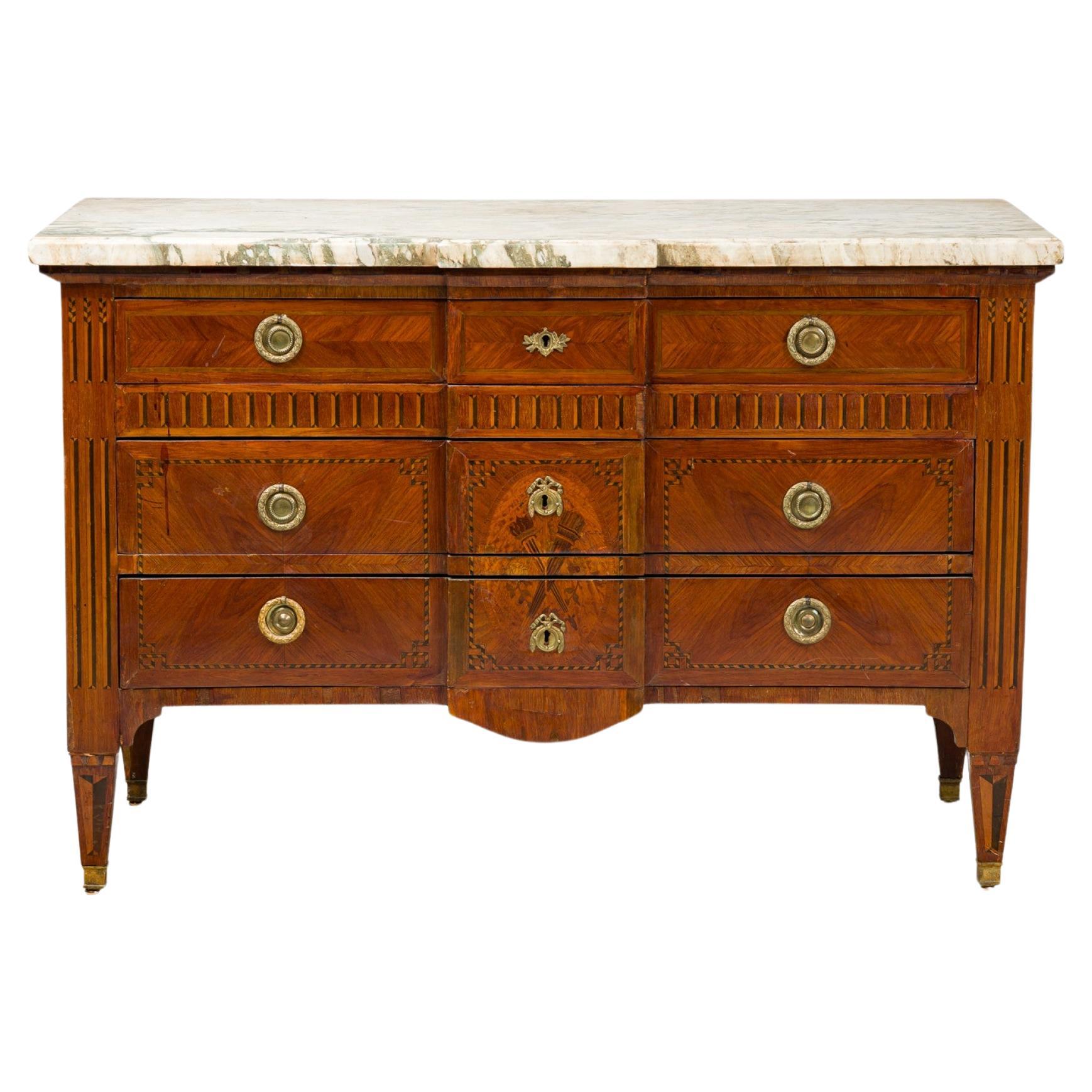 Louis XVI Marquetry Inlaid Commode, Mahogany, Marble Top, Circa 1850