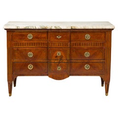 Louis XVI Marquetry Inlaid Commode, Mahogany, Marble Top, Circa 1850