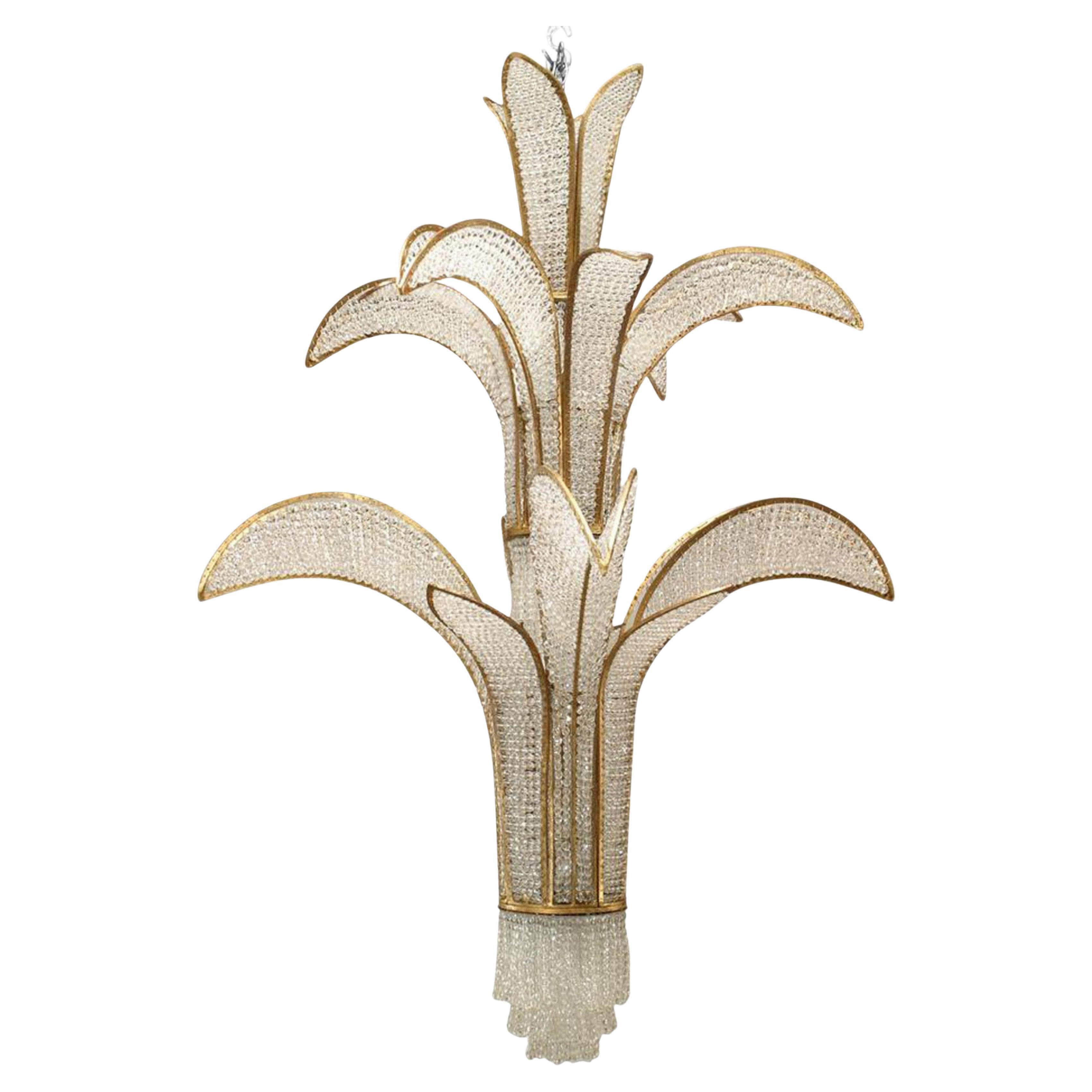Mid-Century Chandelier by Maison Baguès, Beaded Crystal & Gilt Metal For Sale