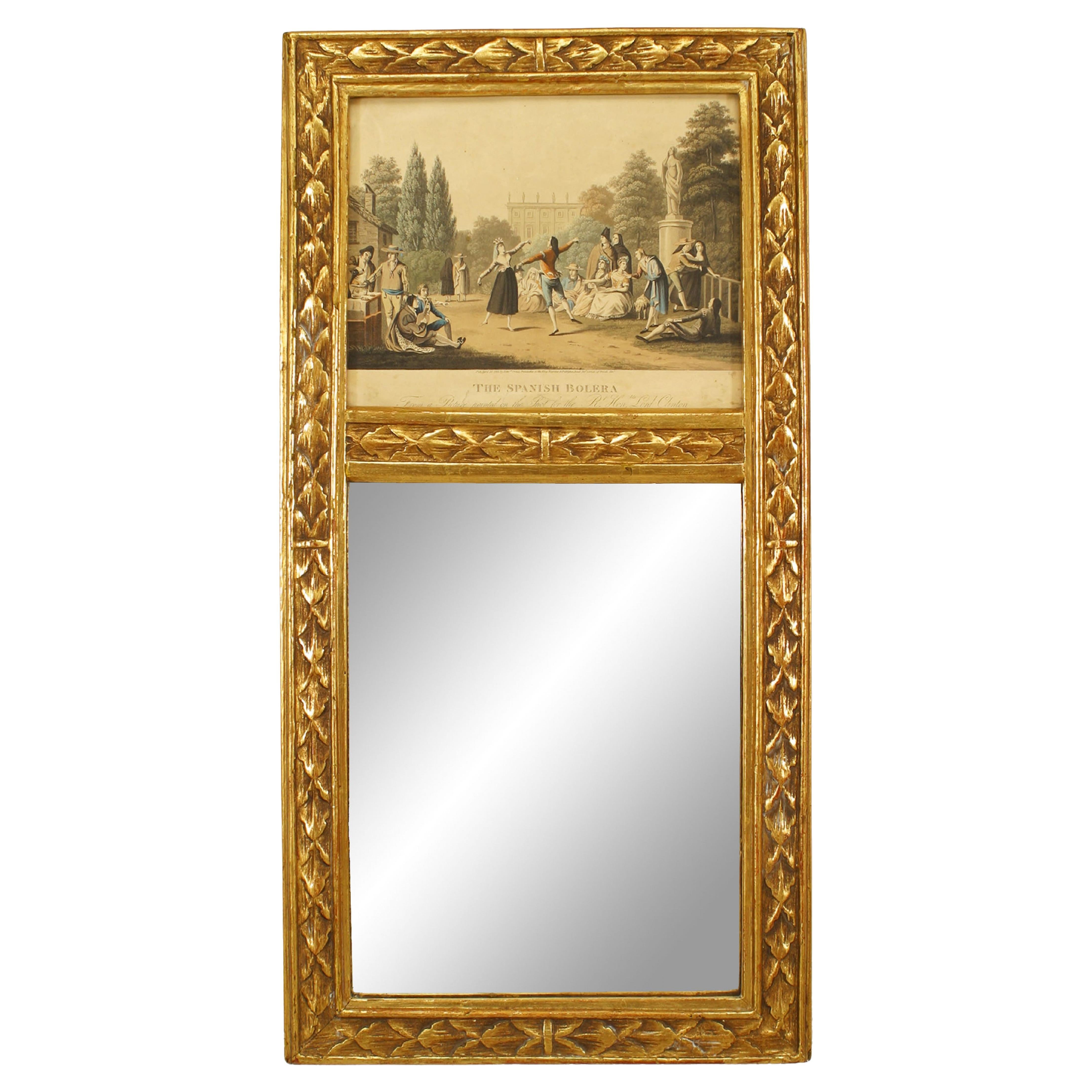 Specchio da parete francese in legno dorato con scena incisa in stile Luigi XVI in vendita