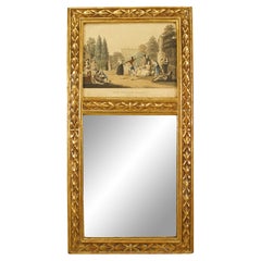 Espejo de pared francés de madera dorada con escena grabada estilo Luis XVI