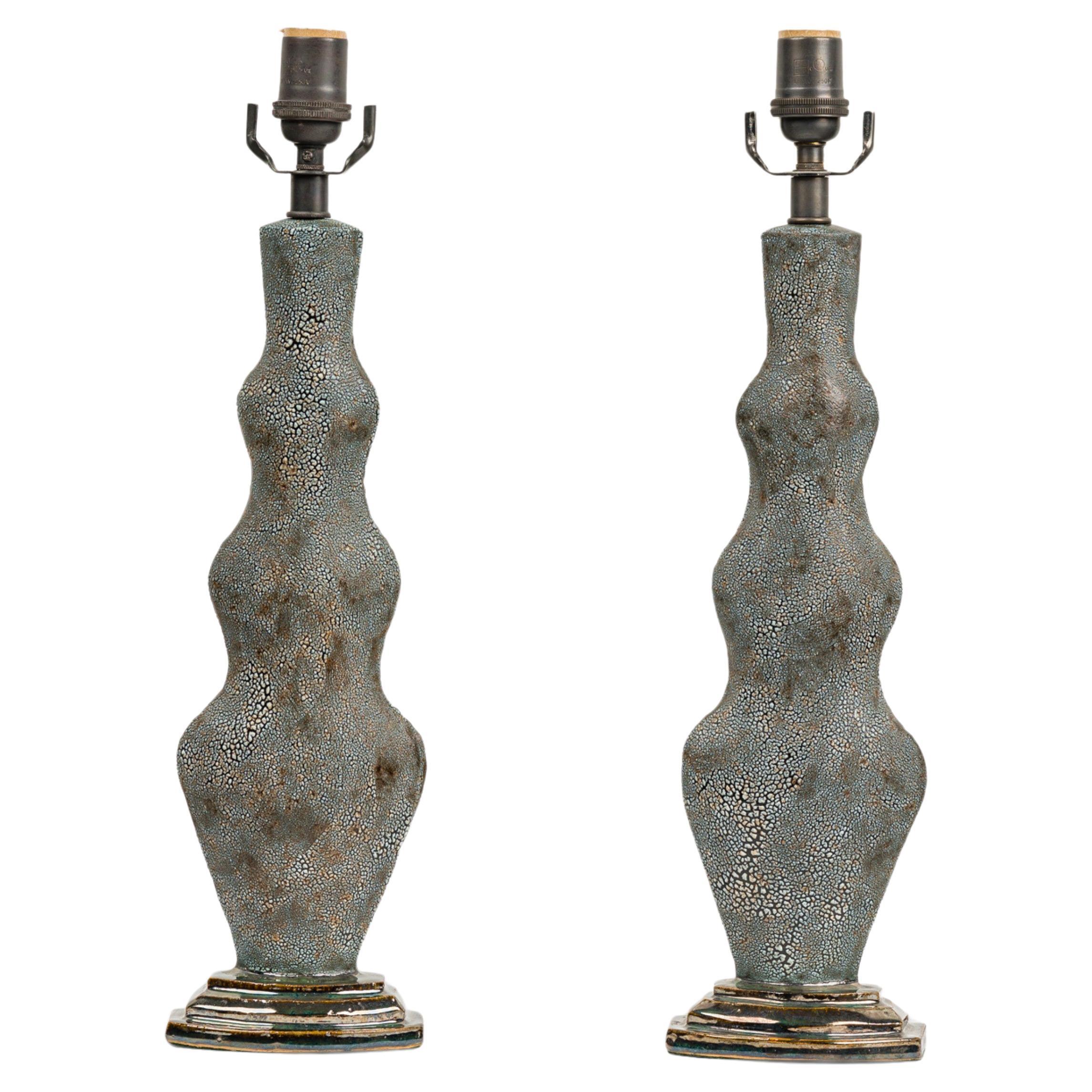 Pair of Gary DiPasquale Hand-Built Blue-Black Bark Textured Envelope Lamps