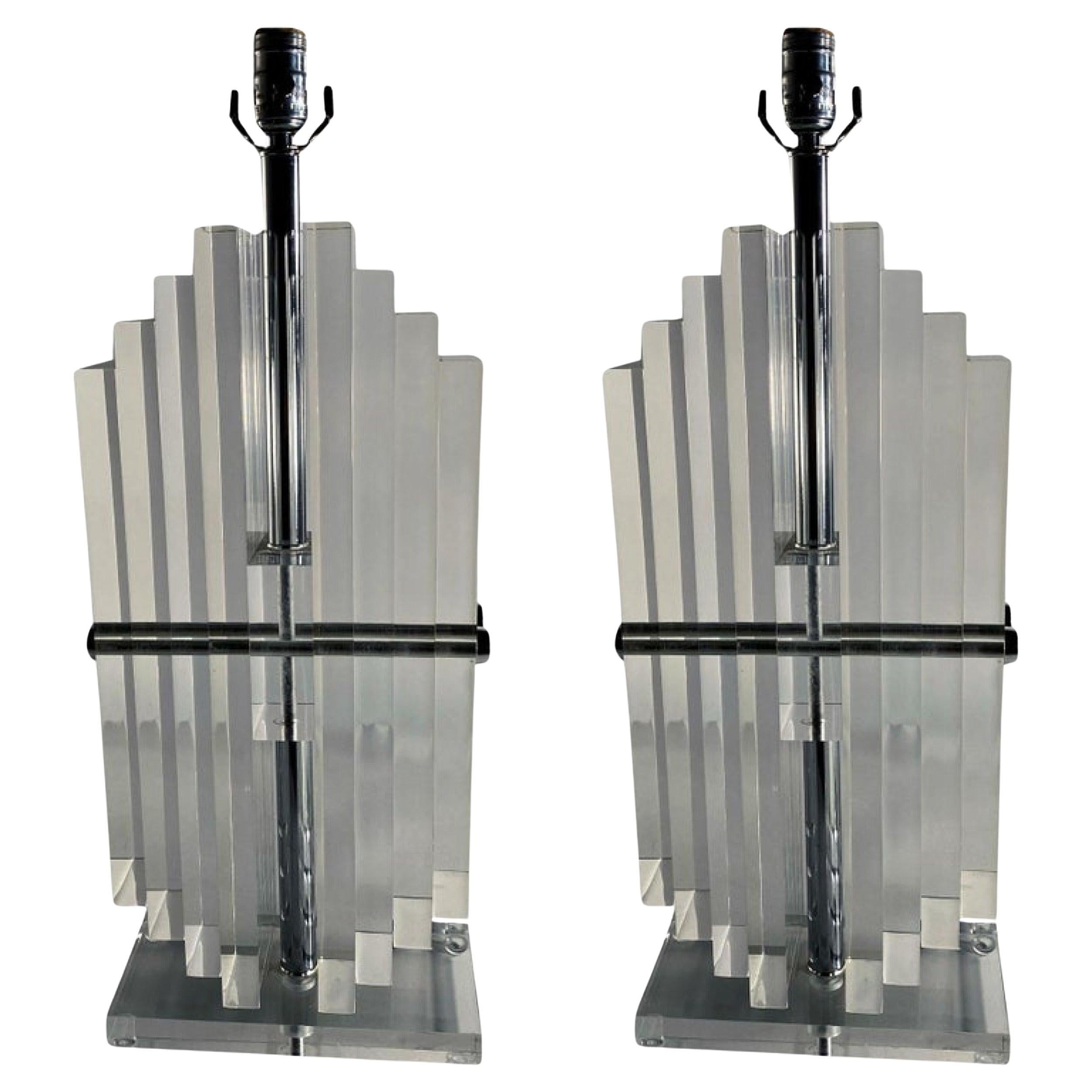 Pair of American Modern Stacked Lucite Lamps, Karl Springer