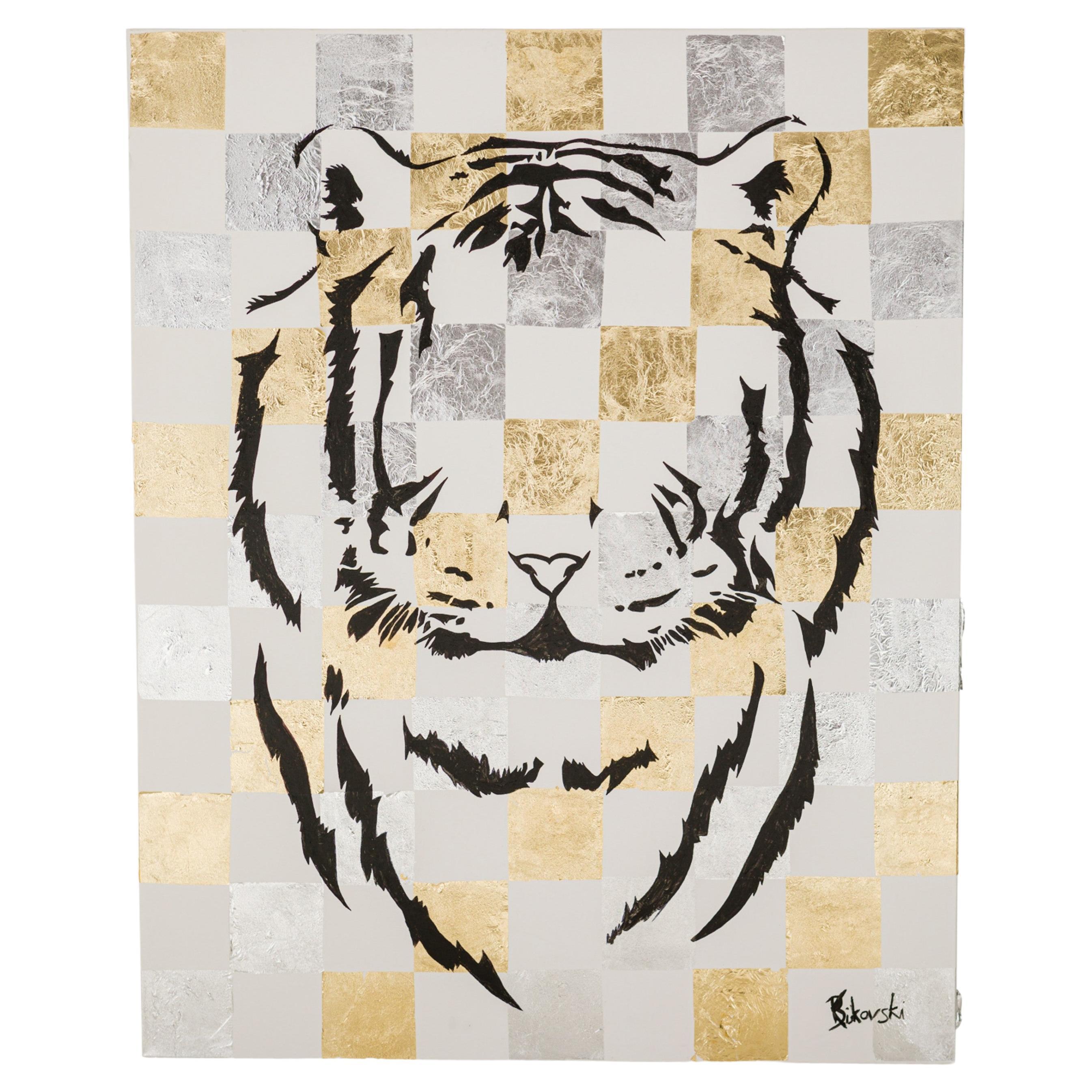 Quadro contemporaneo di una tigre su tela con foglie di metallo prezioso e acrilico