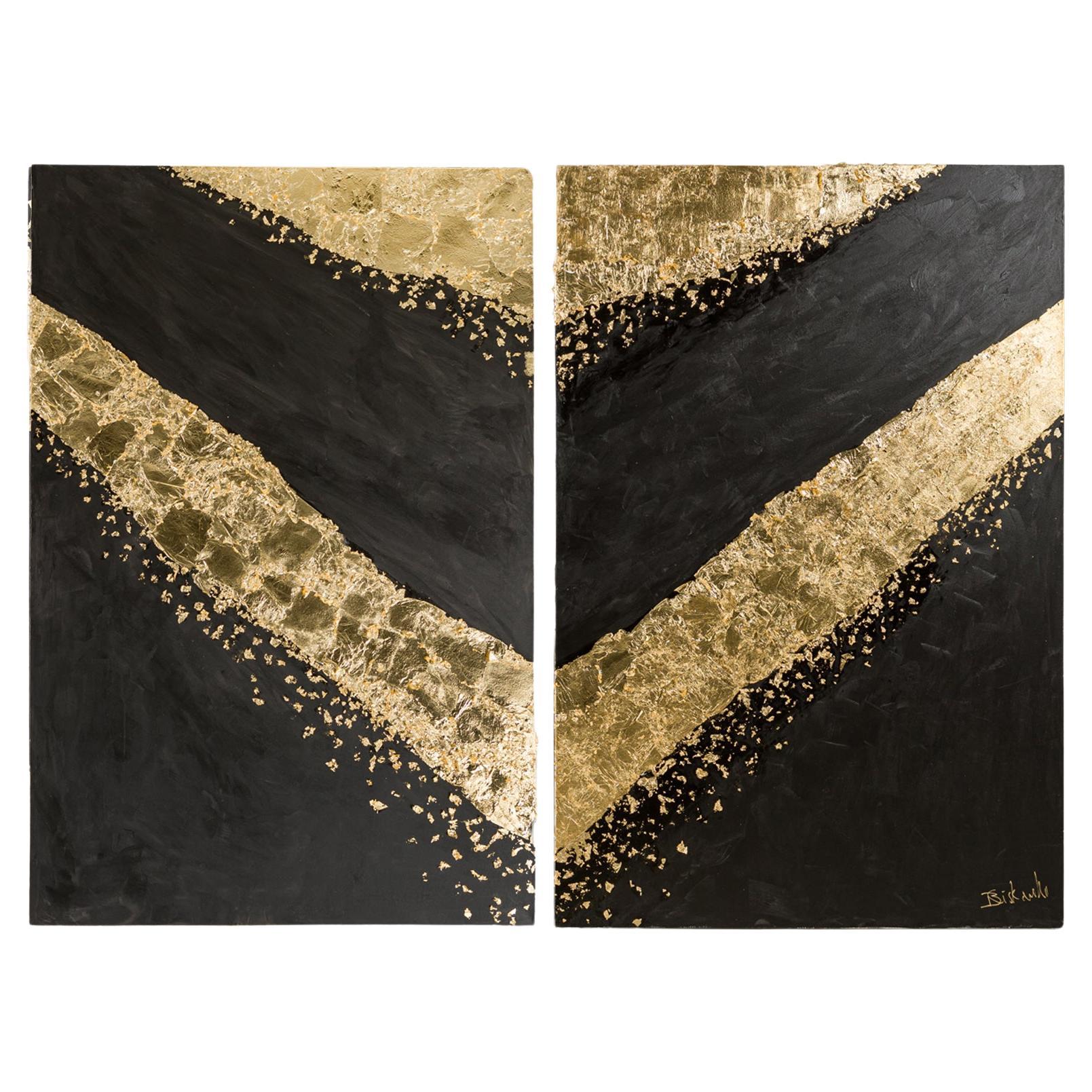 Dipinti astratti contemporanei di forme di foglie d'oro su tela nera in vendita