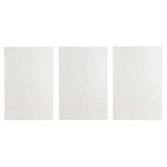 Tríptico de pinturas americanas abstractas de técnica mixta y textura blanca sobre lienzo