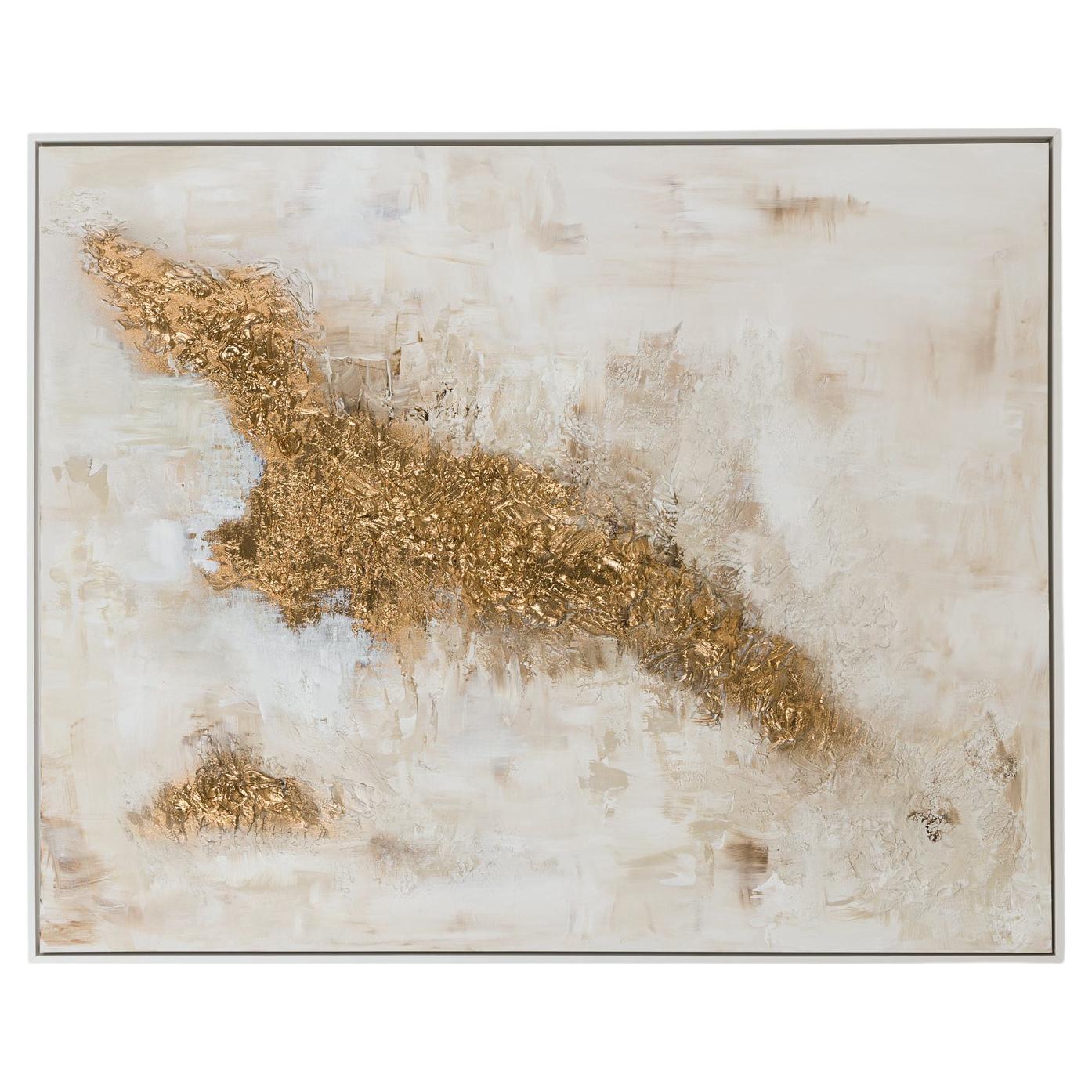 Pintura Americana Contemporánea Abstracta en Técnica Mixta Textura Dorada sobre Lienzo