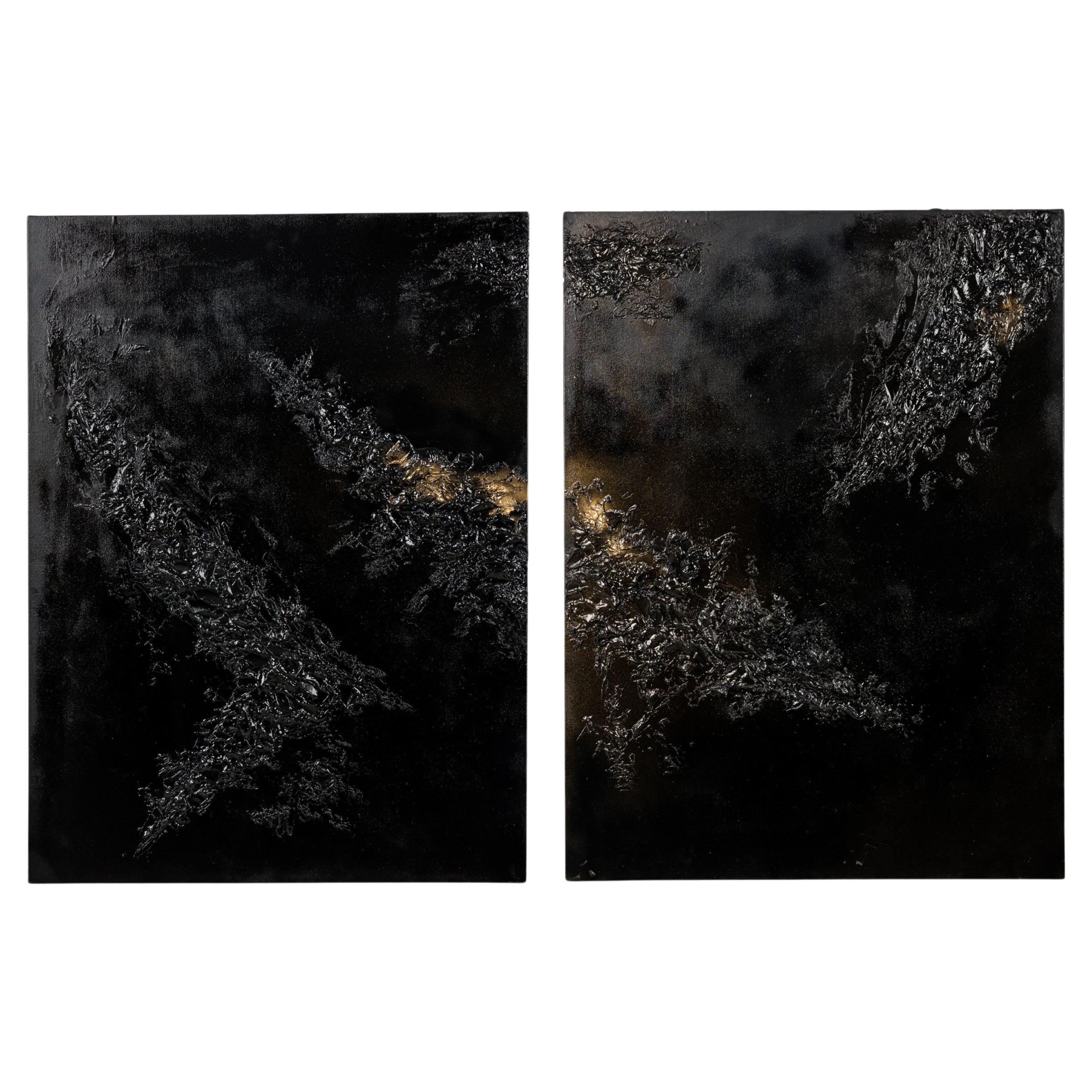 Díptico de pinturas americanas abstractas de técnica mixta y textura negra sobre lienzo