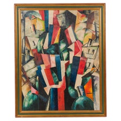 Peinture abstraite représentant une ville, réalisée à la main, style « Mid-Century Modern », 36 x 44,5\