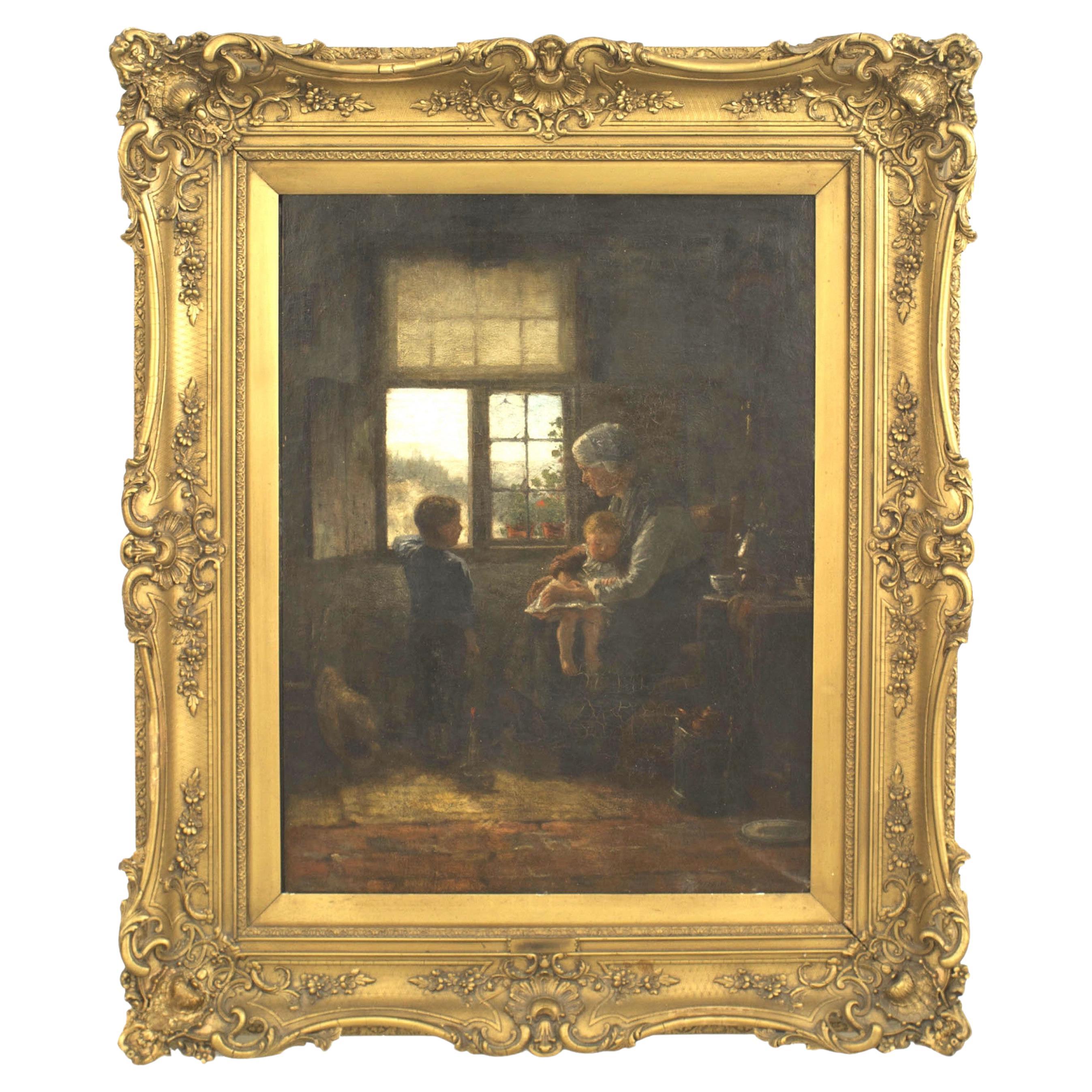 Dutch 19th Century Biedermeier Oil Painting of Interior Scene, Signed