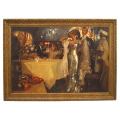 Victorian Couple Dining Painting, Hand-Painted, Late 20th Century