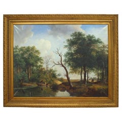 Hand-Painted Biedermeier Wooded River Landscape, Late 20th Century