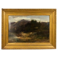 Paysage victorien anglais représentant des vaches par un ruisseau