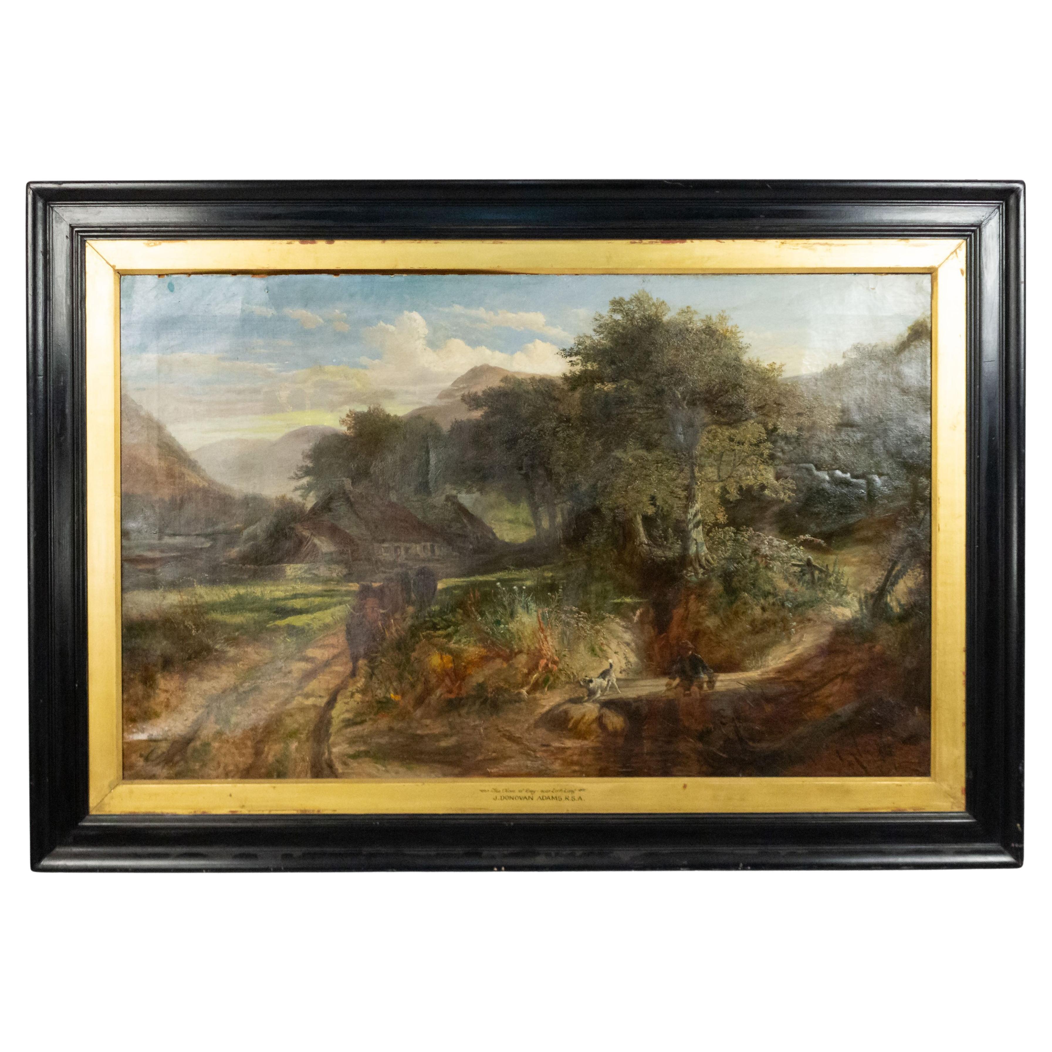 English Victorian Landscape of Boy with Dog and Bulls
