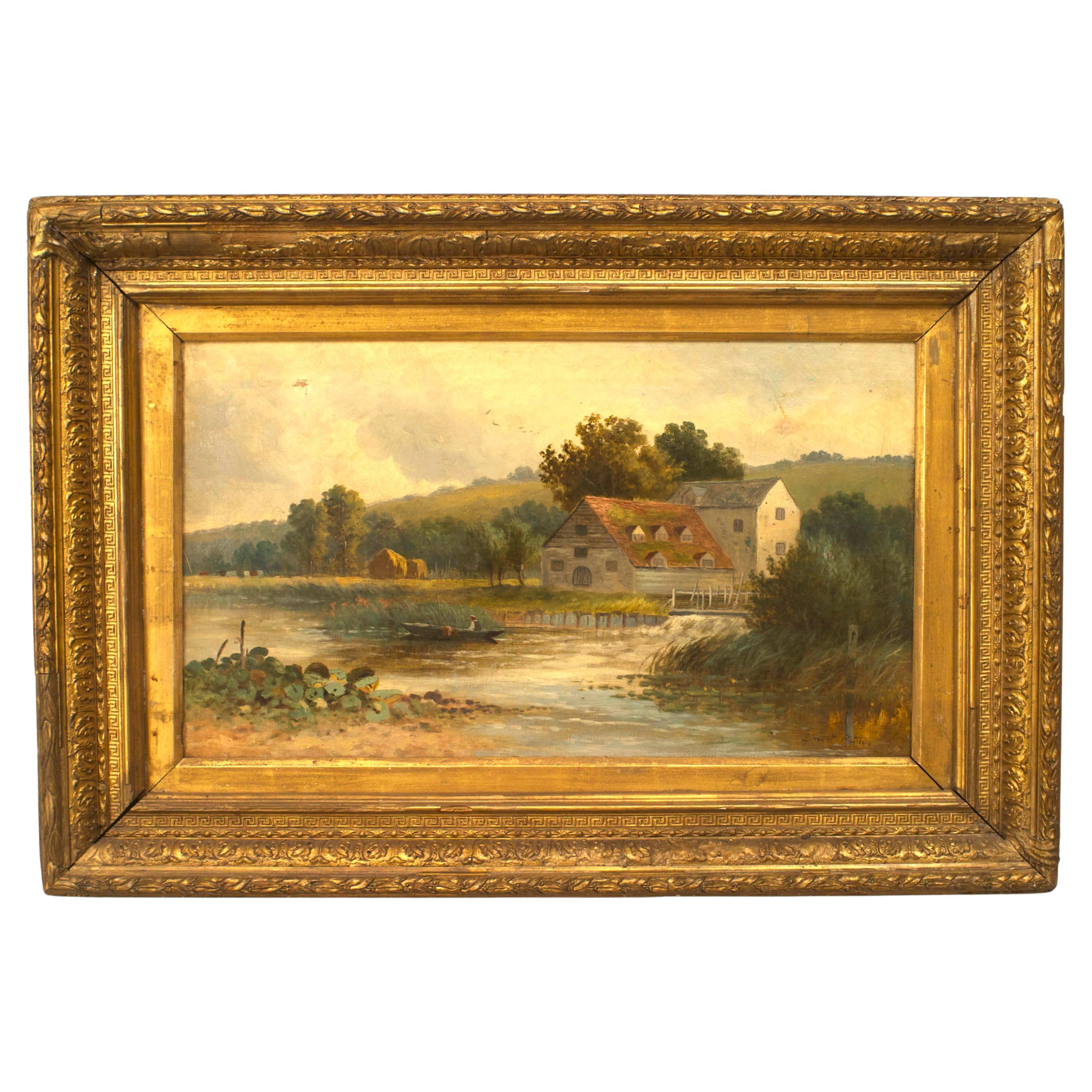 Französisches viktorianisches Ölgemälde eines Hauses am Fluss, Ende des 19. Jahrhunderts im Angebot