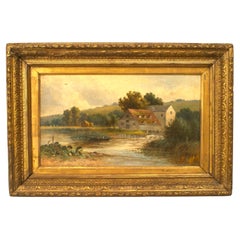 French Victorian Oil Painting of House by River, Late 19th Century
