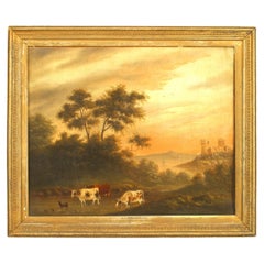 Landscape of Cows by a Stream, Victorian Oil Painting, 19th Century