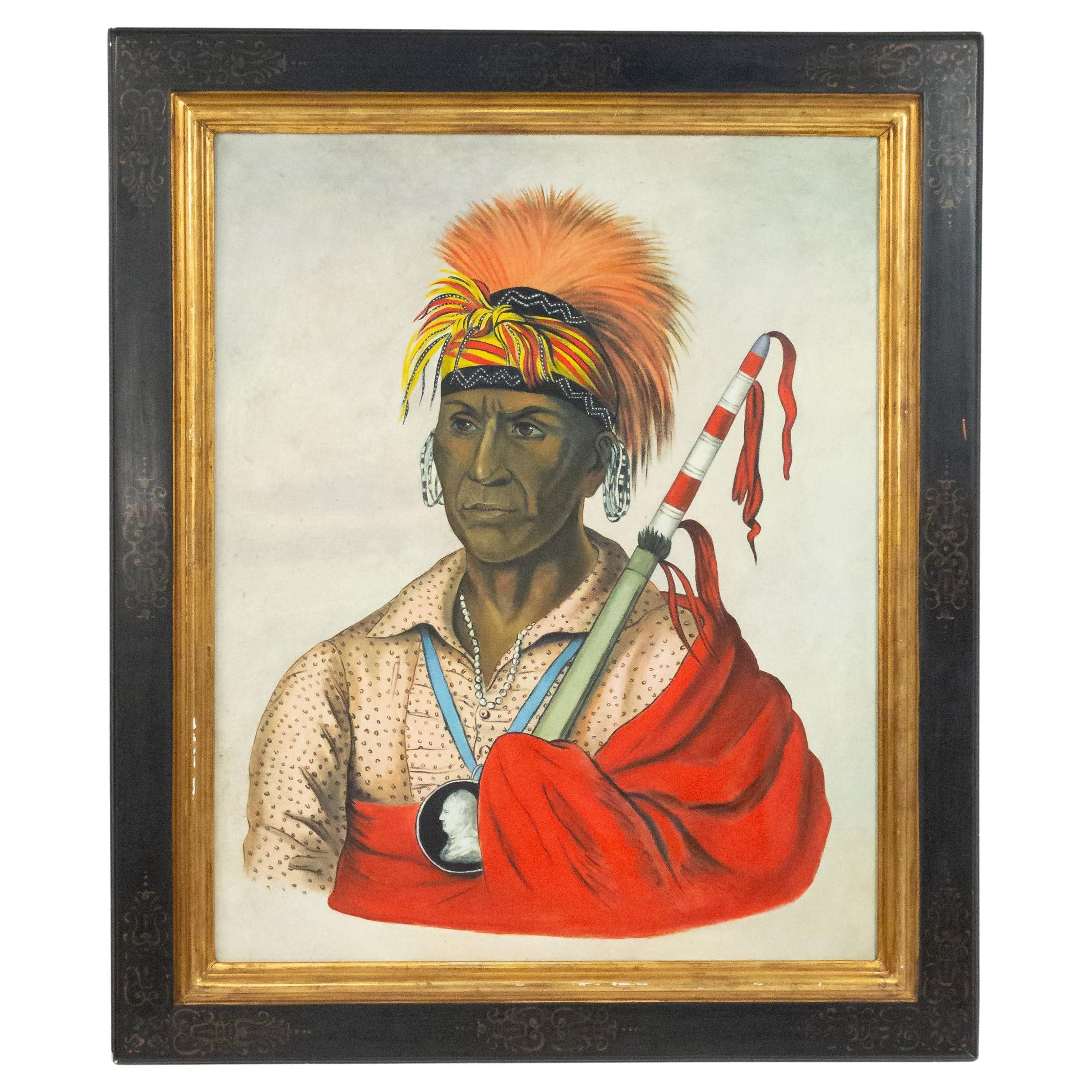Retrato antiguo de un indio con un bastón rojo y blanco, 39,5 x 33 pulgadas en venta