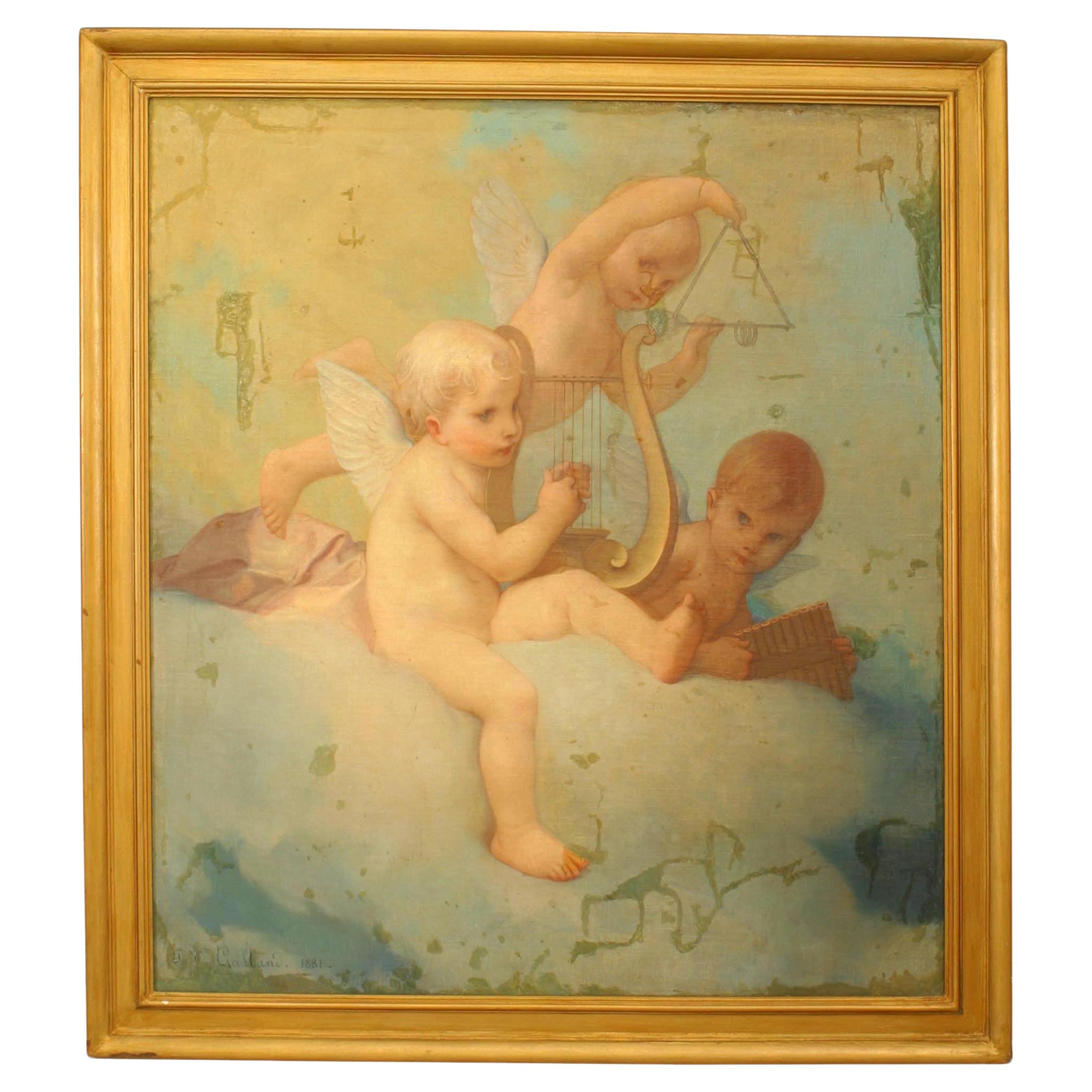 French Victorian Oil Painting of 3 Cupids in Clouds, Late 19th Century