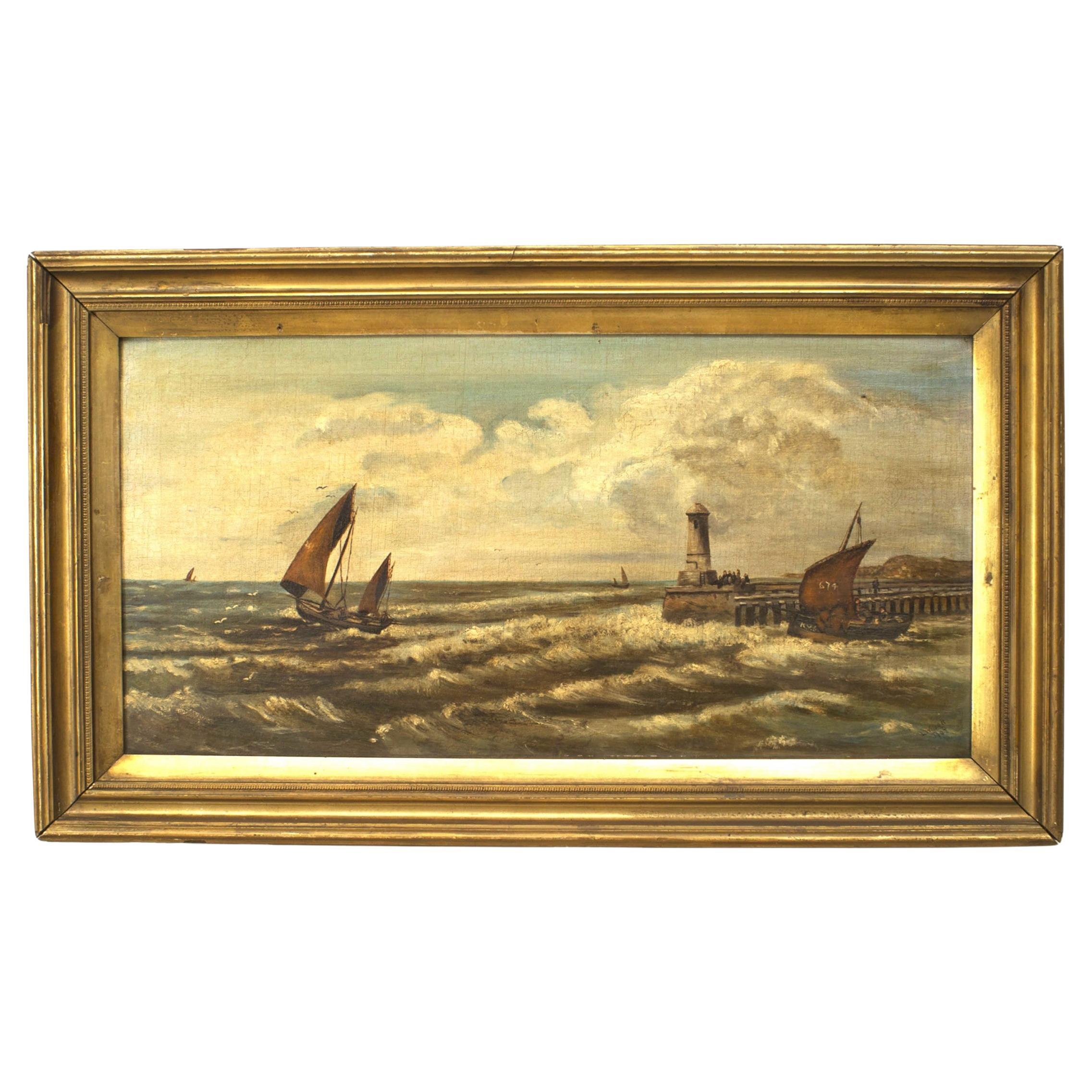 Peinture à l'huile représentant un paysage marin avec un phare victorien anglais du XIXe siècle