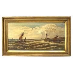 English Victorian Lighthouse Seascape Painting