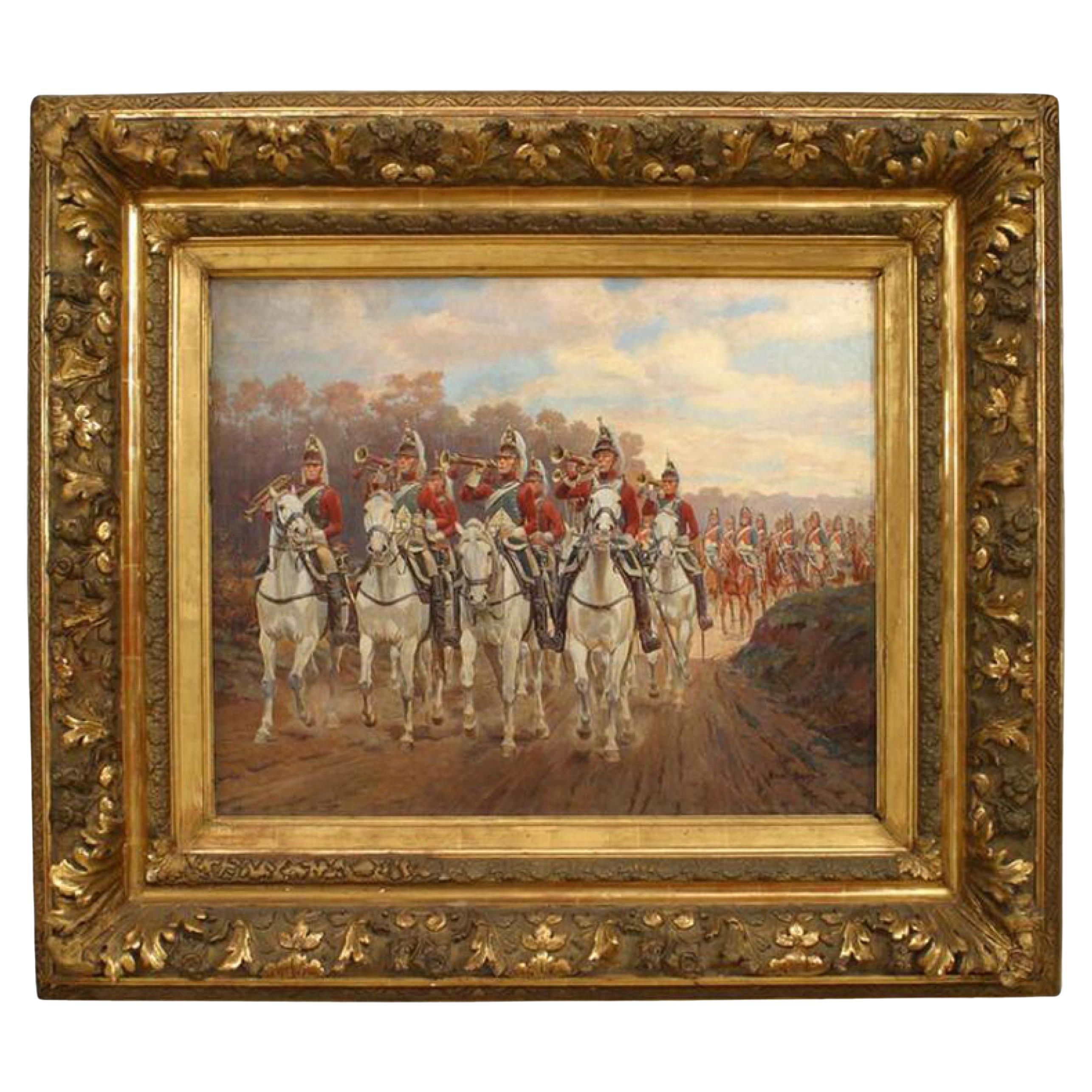 19th Century French Victorian Horse Regimen Oil Painting, Signed