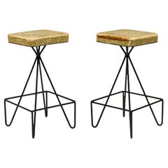 Set di 6  Sgabelli da bar con gambe a "forcina" in ferro battuto e sedile girevole Frederick Weinberg