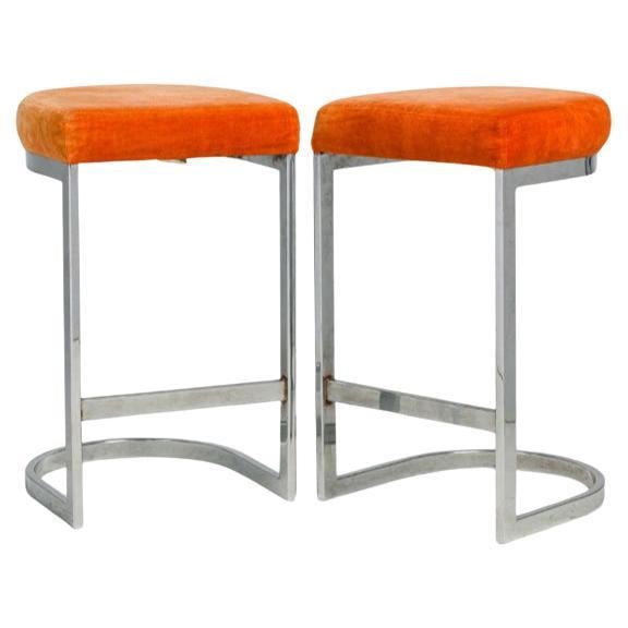 Set of 6 Dillingham "Horseshoe" Cantilevered Orange Velour Metal Barstools