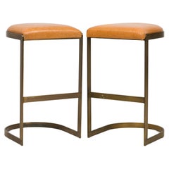 Set of 4 Mid-Century Brass and Wood Horseshoe Bar Stools, 1955