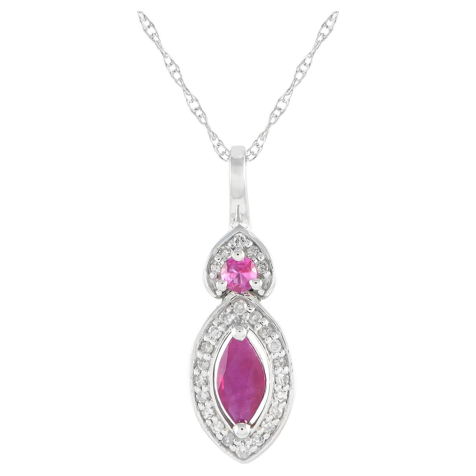LB Exclusive 14K White Gold 0.07ct Diamond & Ruby Marquise Necklace PD4-16299WRU