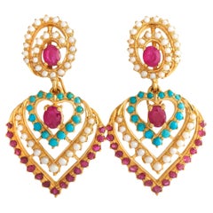 LB Exclusive 22K Yellow Gold Pearl, Ruby, and Turquoise Earrings