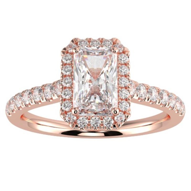 1CT Radiante GH-I1 Anillo de compromiso con halo de diamantes naturales Oro rosa de 14 quilates