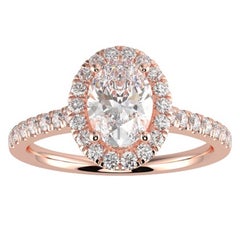 Anillo de compromiso con halo de diamantes naturales GH-I1 de talla oval 1CT Oro rosa de 14 quilates