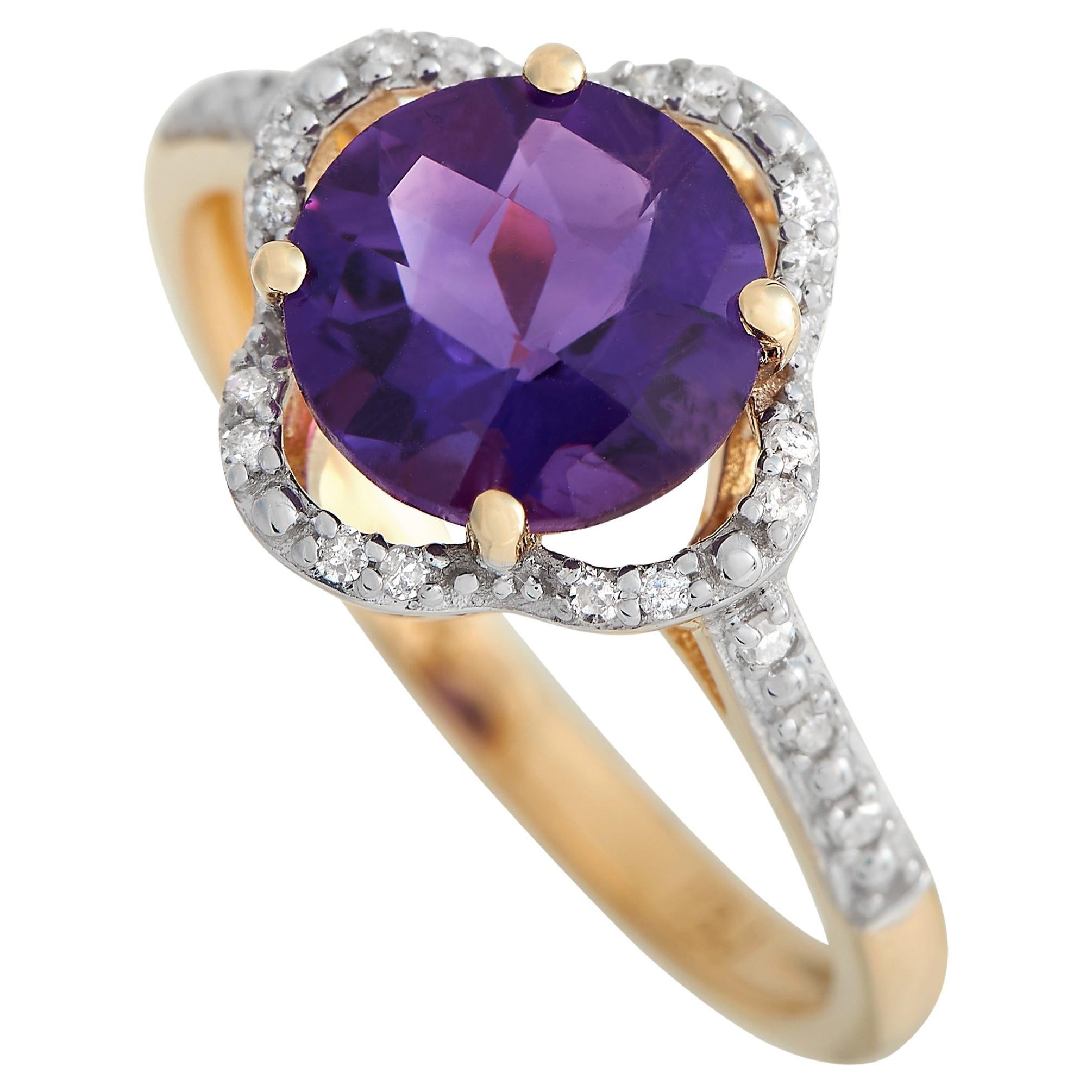 14K Yellow Gold 0.10ct Diamond and Amethyst Quatrefoil Ring