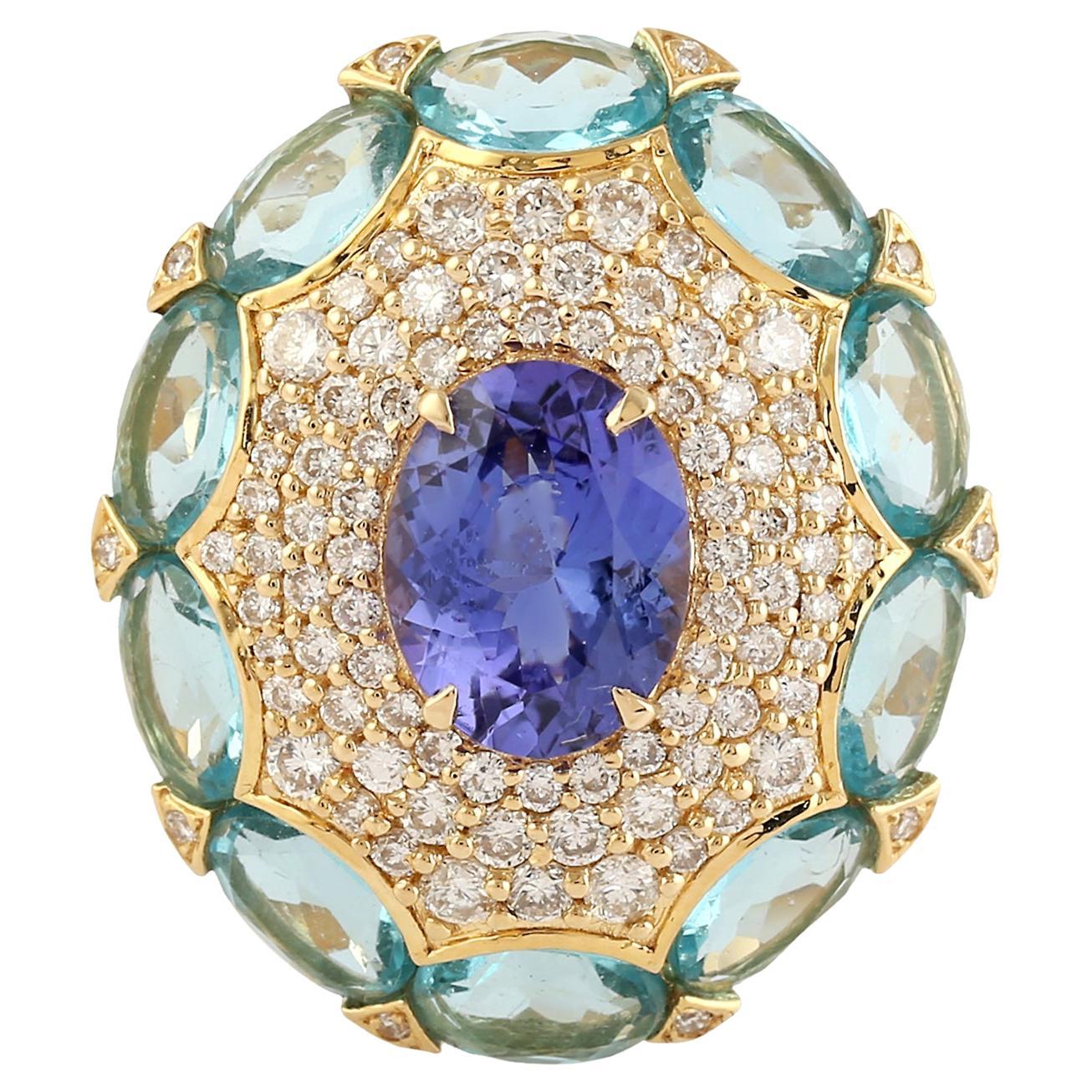 Apatite & Tanzanite Cocktail Ring With Diamonds Made In 18k Yellow Gold For Sale